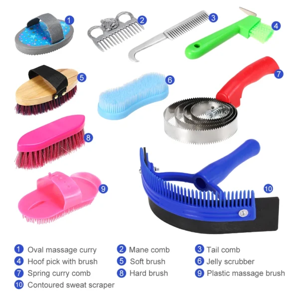Horse Grooming Kit: 10-IN-1 Set for Complete Horse Cleaning and Massage