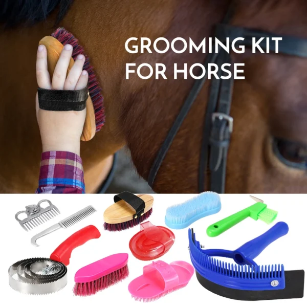 Complete Horse Grooming Kit: Comb, Brush, Hoof Pick, Scraper Tool - Image 2